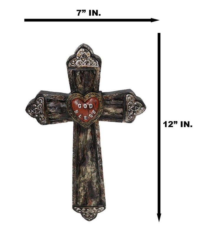 Ebros Gift Rustic Western Faux Distressed Wood God Bless Heart Silver Scroll Wall Cross 12"