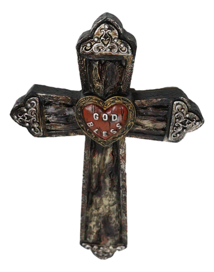 Ebros Gift Rustic Western Faux Distressed Wood God Bless Heart Silver Scroll Wall Cross 12"