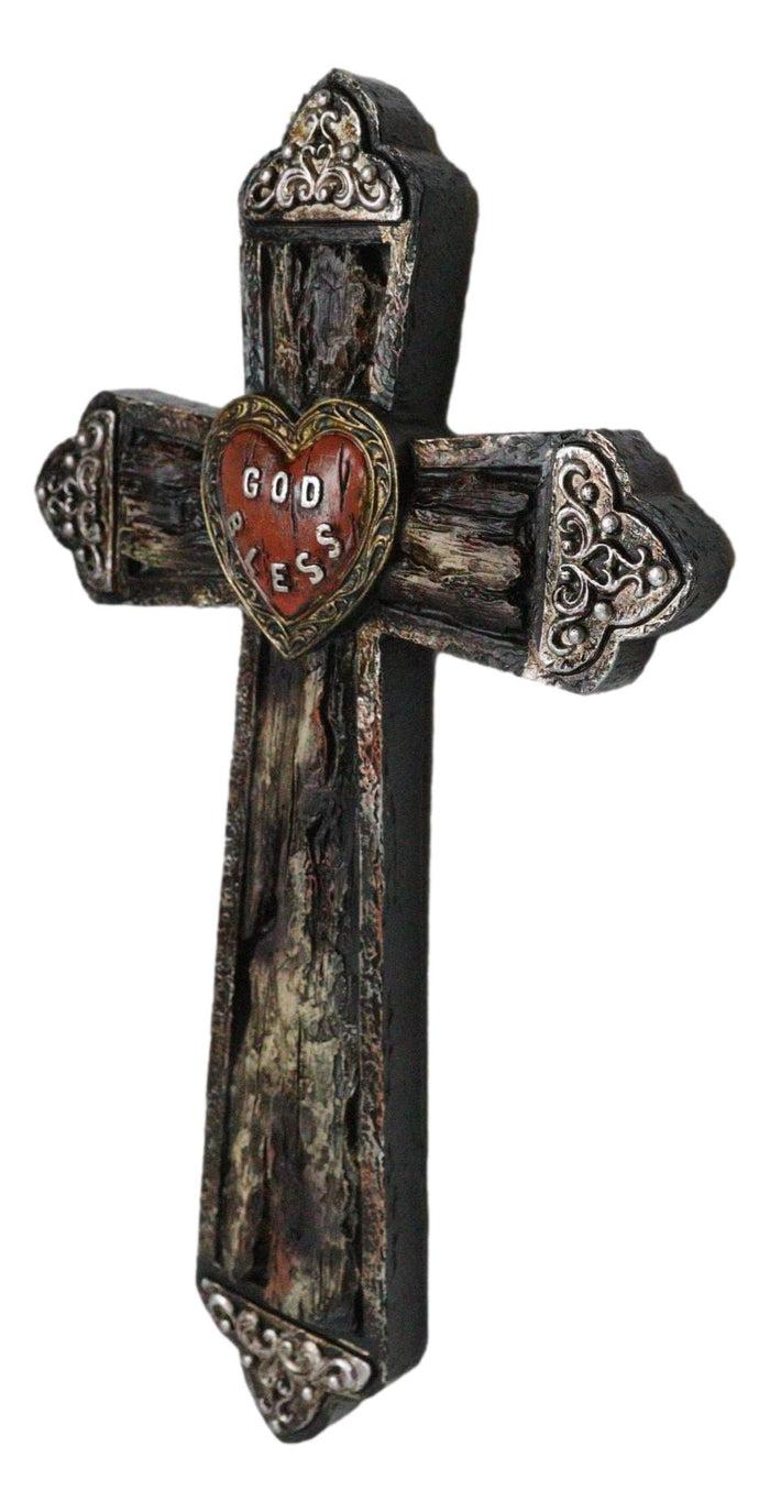 Ebros Gift Rustic Western Faux Distressed Wood God Bless Heart Silver Scroll Wall Cross 12"