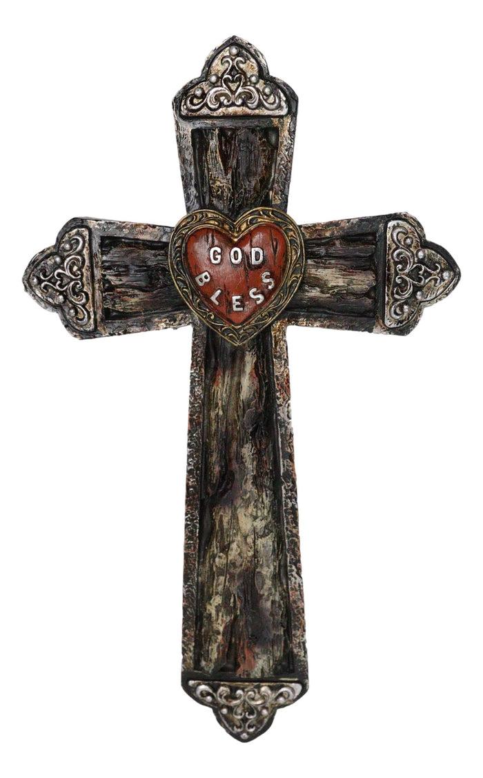 ebros gift Rustic Western Faux Distressed Wood God Bless Heart Silver Scroll Wall Cross 12"
