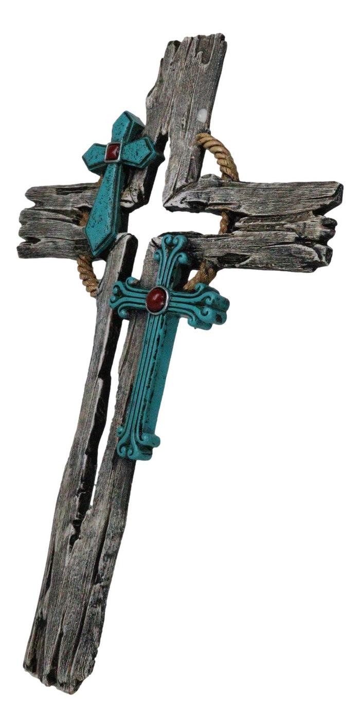 Ebros Gift Rustic Western Faux Distressed Wood Rope Wreath Turquoise Layered Wall Cross