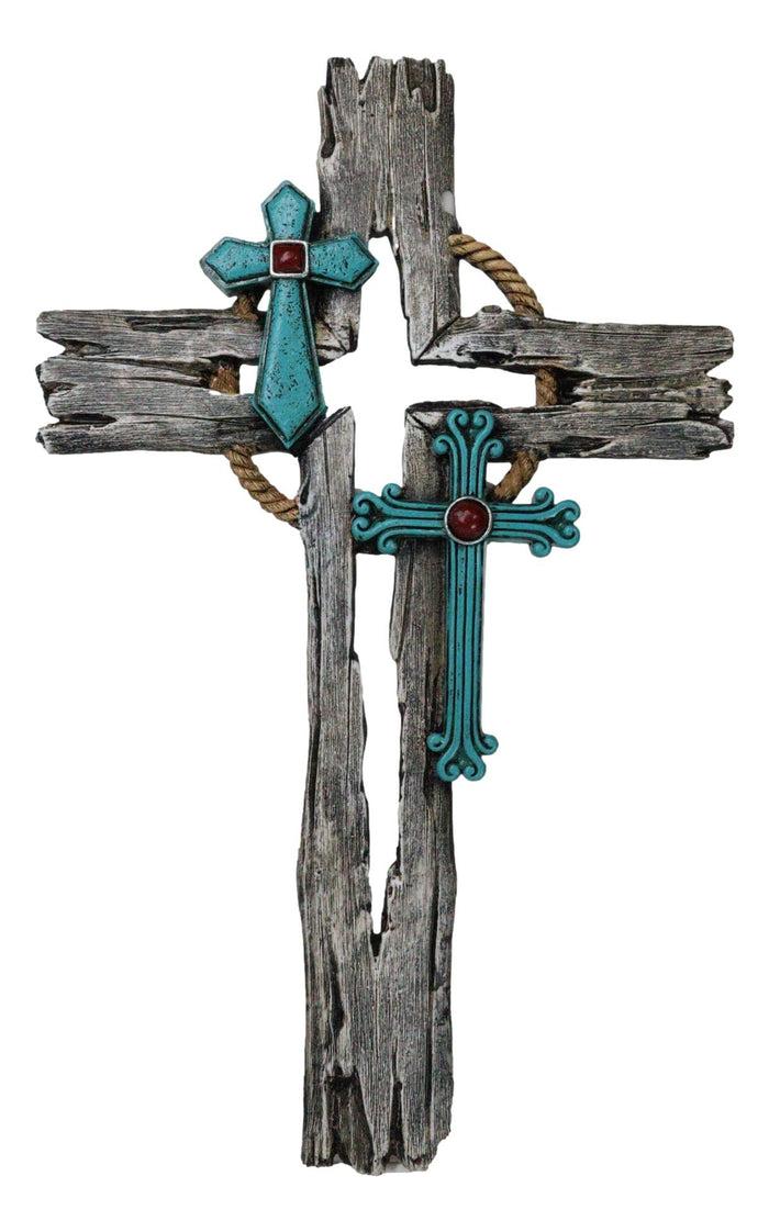 ebros gift Rustic Western Faux Distressed Wood Rope Wreath Turquoise Layered Wall Cross