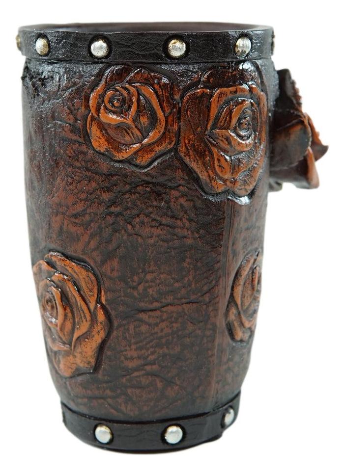 Ebros Gift Rustic Western Faux Leather 3D Roses Tumbler Cup Soap Dish Toothbrush Holder Set