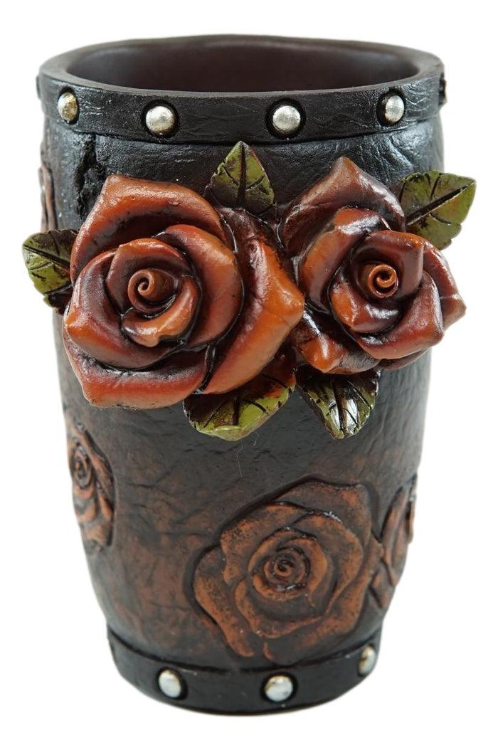 Ebros Gift Rustic Western Faux Leather 3D Roses Tumbler Cup Soap Dish Toothbrush Holder Set