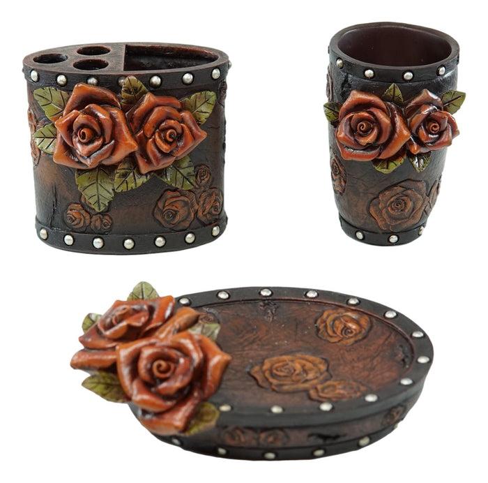 Ebros Gift Rustic Western Faux Leather 3D Roses Tumbler Cup Soap Dish Toothbrush Holder Set