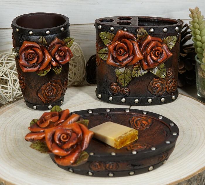 ebros gift Rustic Western Faux Leather 3D Roses Tumbler Cup Soap Dish Toothbrush Holder Set