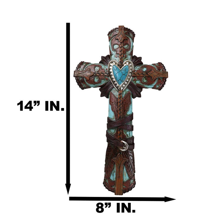 Ebros Gift Rustic Western Faux Leather Aztec Boot Design Turquoise Stone Heart Wall Cross