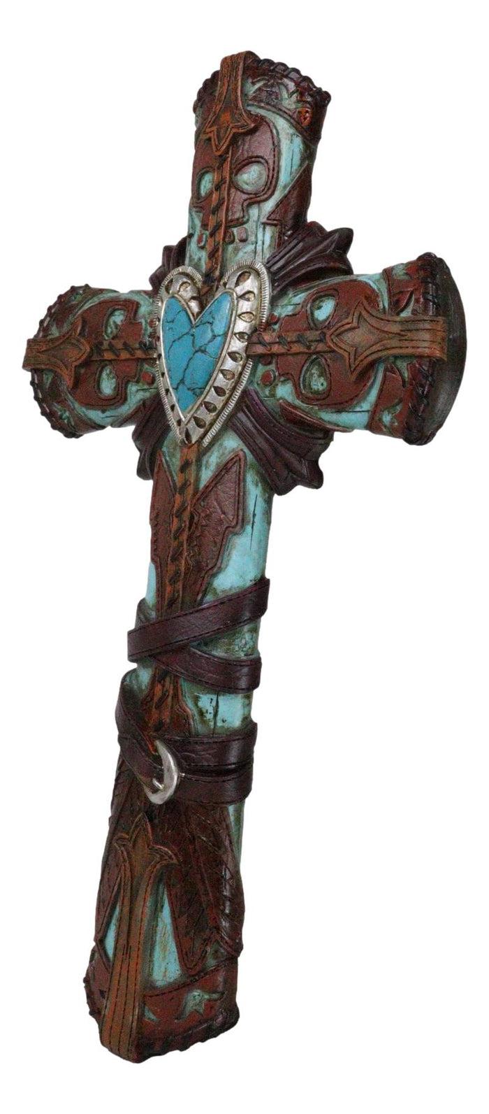 Ebros Gift Rustic Western Faux Leather Aztec Boot Design Turquoise Stone Heart Wall Cross