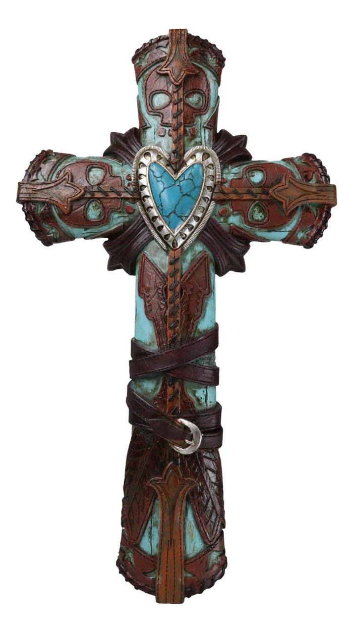 ebros gift Rustic Western Faux Leather Aztec Boot Design Turquoise Stone Heart Wall Cross