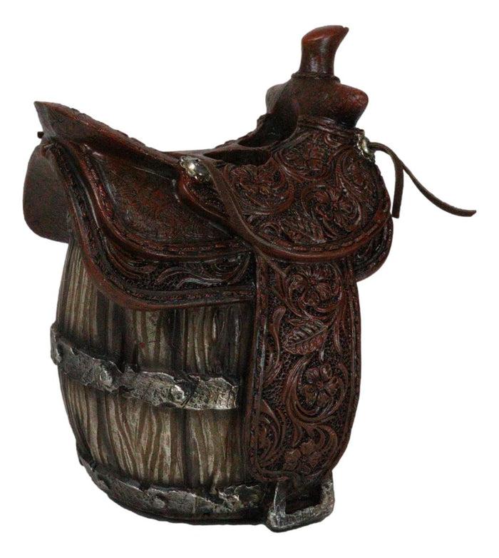 Ebros Gift Rustic Western Faux Leather Cowboy Horse Saddle On Barrel Toothbrush Holder
