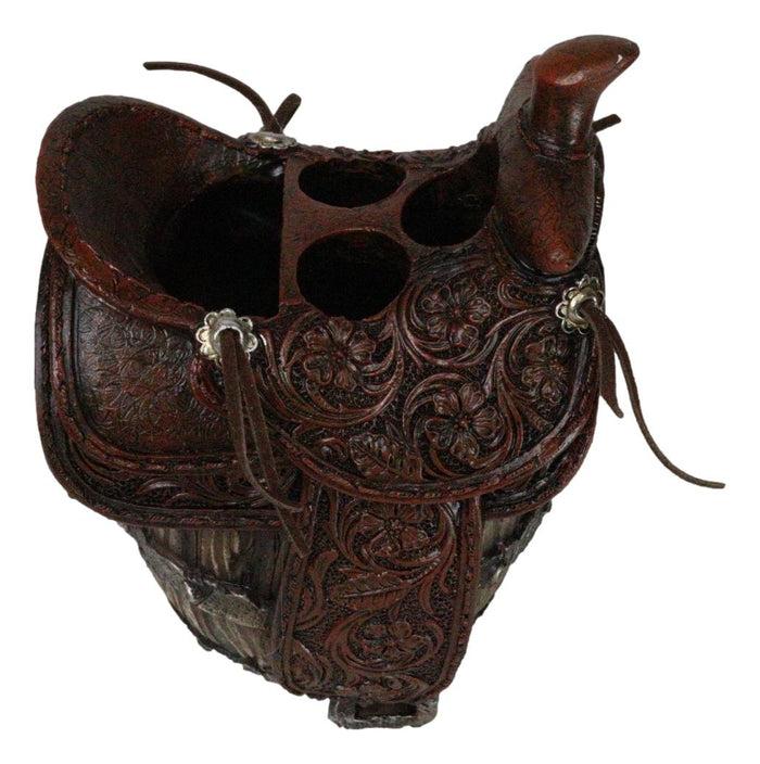 Ebros Gift Rustic Western Faux Leather Cowboy Horse Saddle On Barrel Toothbrush Holder