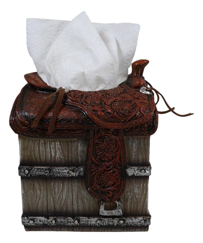 Ebros Gift Rustic Western Faux Leather Cowboy Horse Saddle On Crate Tissue Box Holder Cover
