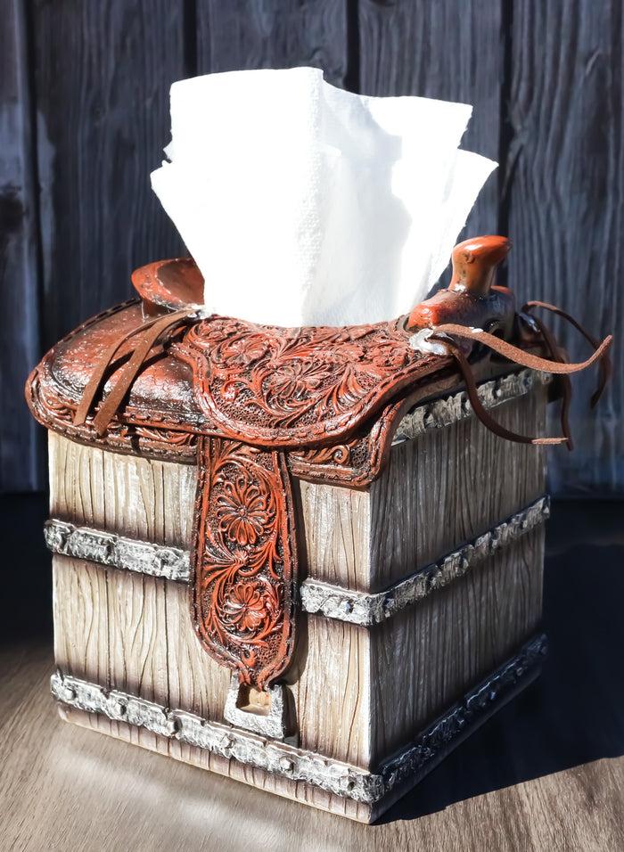 ebros gift Rustic Western Faux Leather Cowboy Horse Saddle On Crate Tissue Box Holder Cover