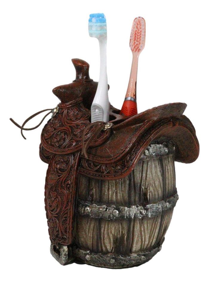 ebros gift Rustic Western Faux Leather Cowboy Horse Saddle On Barrel Toothbrush Holder
