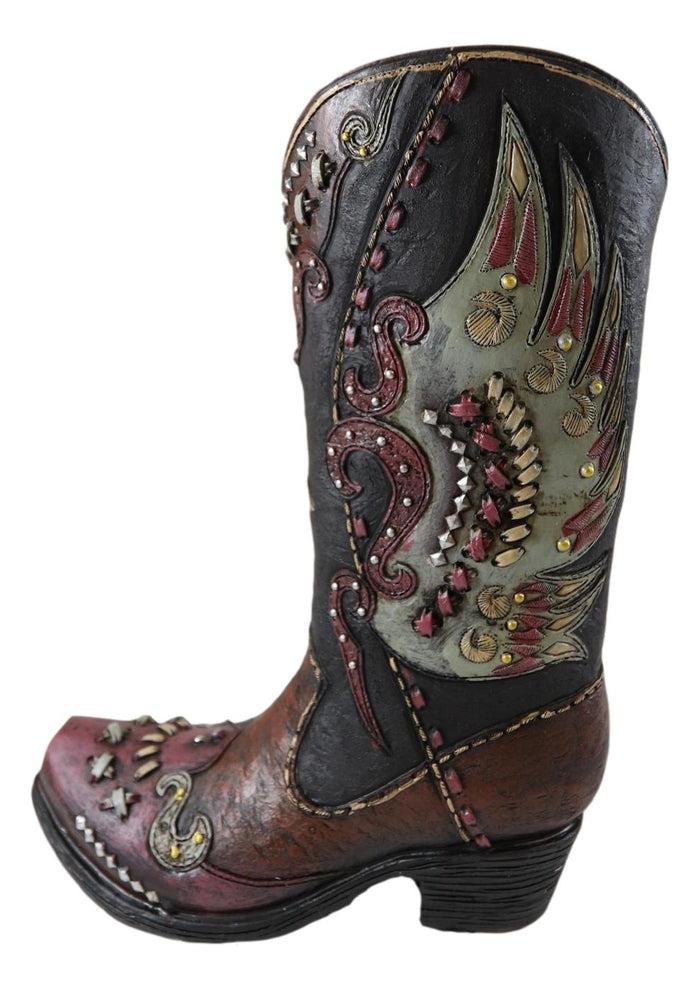 Ebros Gift Rustic Western Faux Leather Patriotic Tribal Eagle Cowboy Boot Vase Figurine