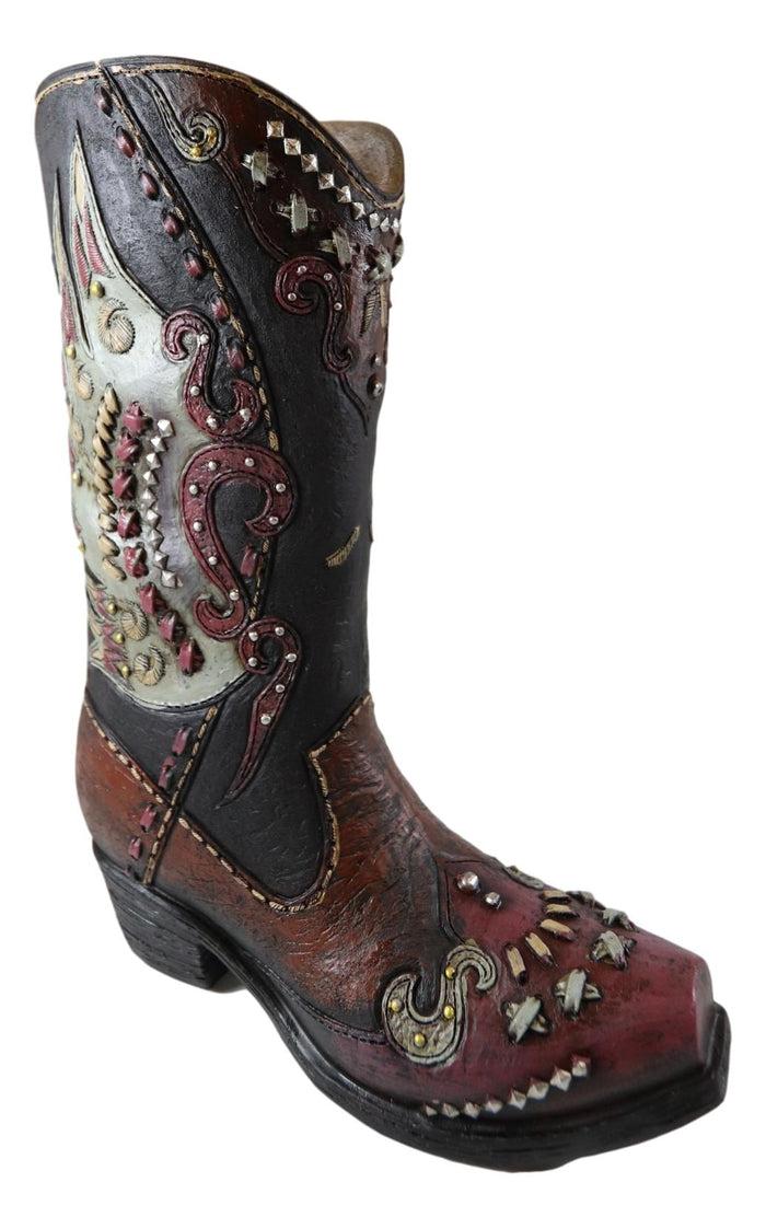Ebros Gift Rustic Western Faux Leather Patriotic Tribal Eagle Cowboy Boot Vase Figurine