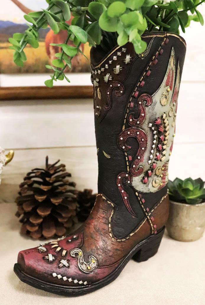 ebros gift Rustic Western Faux Leather Patriotic Tribal Eagle Cowboy Boot Vase Figurine