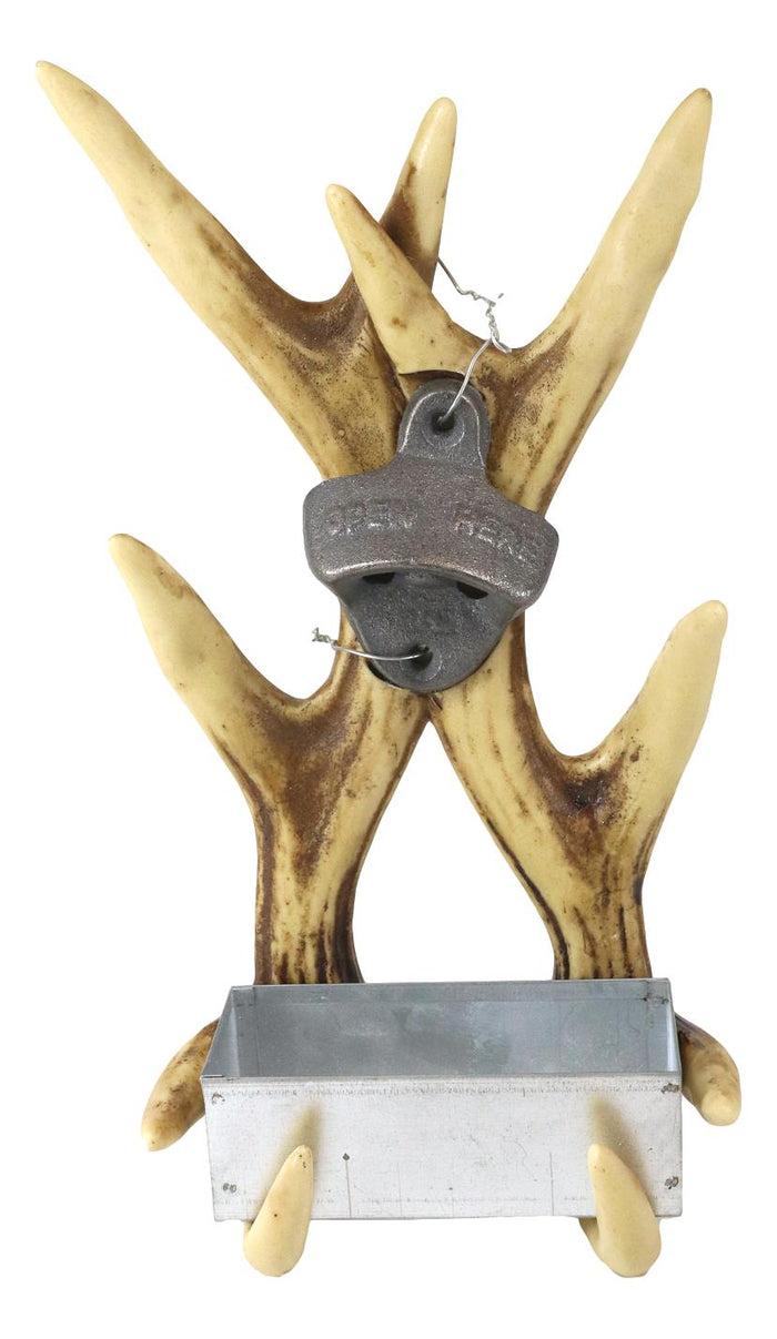Ebros Gift Rustic Western Faux Stag Deer Antlers Wall Bottle Cap Metal Opener With Basin