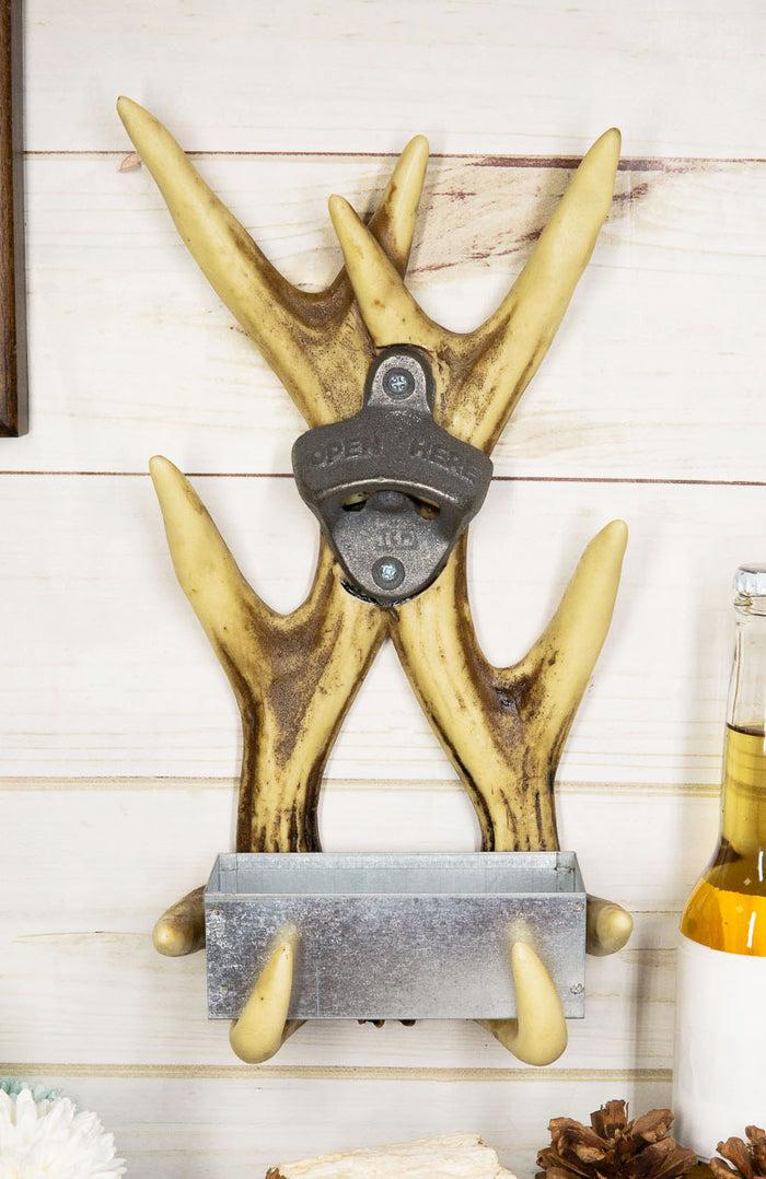 ebros gift Rustic Western Faux Stag Deer Antlers Wall Bottle Cap Metal Opener With Basin