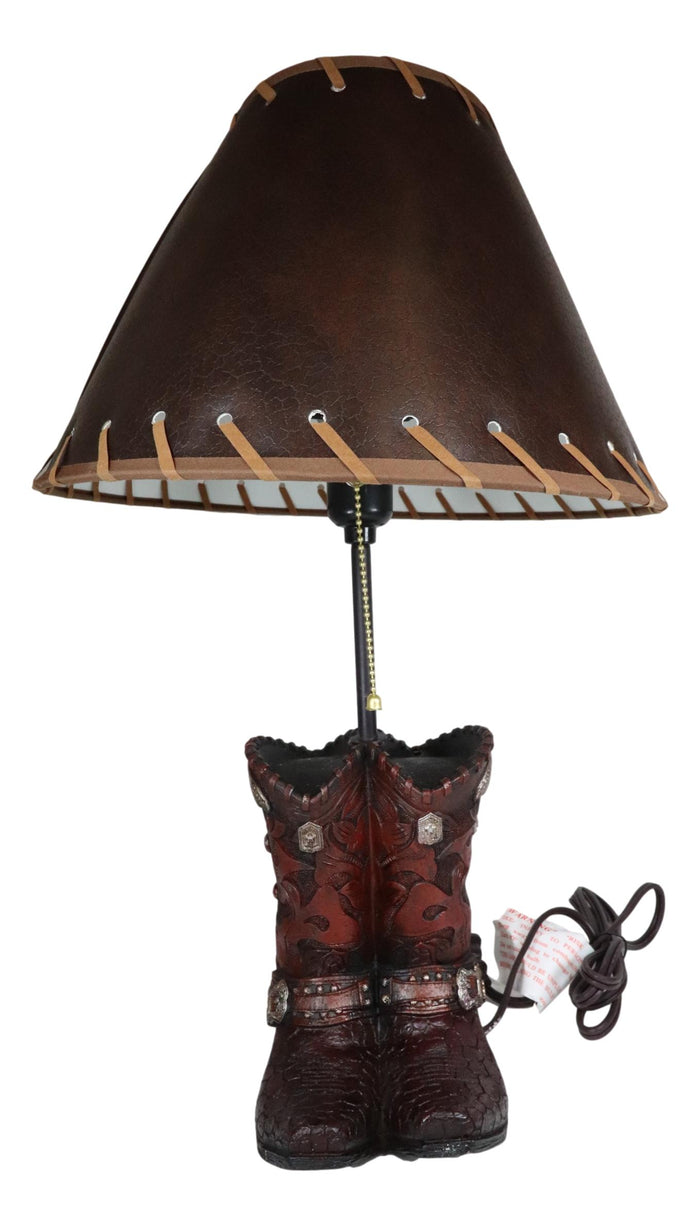Ebros Gift Rustic Western Faux Tooled Leather Cowboy Boots With Conchos Desktop Table Lamp