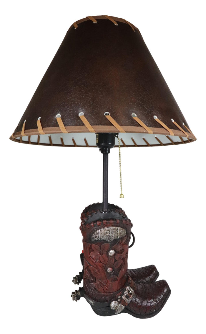 Ebros Gift Rustic Western Faux Tooled Leather Cowboy Boots With Conchos Desktop Table Lamp
