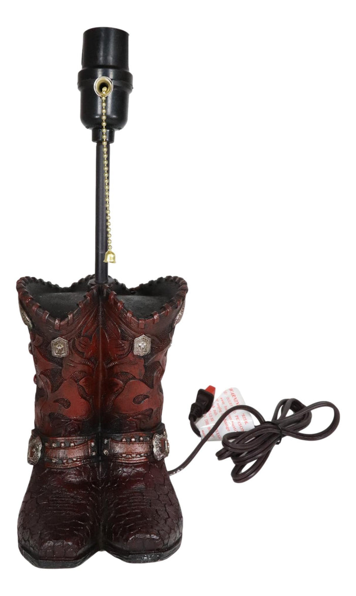Ebros Gift Rustic Western Faux Tooled Leather Cowboy Boots With Conchos Desktop Table Lamp
