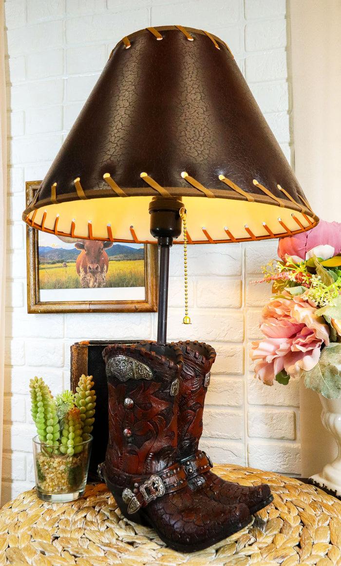 ebros gift Rustic Western Faux Tooled Leather Cowboy Boots With Conchos Desktop Table Lamp