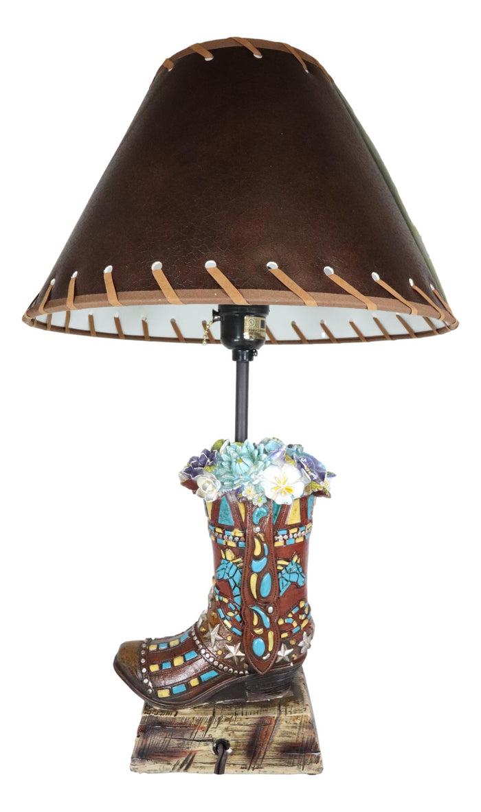 Ebros Gift Rustic Western Faux Tooled Leather Floral Succulents Cowboy Boot Table Lamp