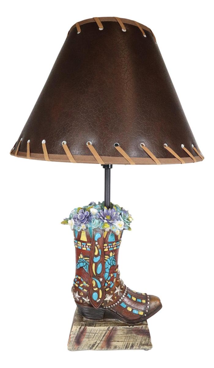 Ebros Gift Rustic Western Faux Tooled Leather Floral Succulents Cowboy Boot Table Lamp