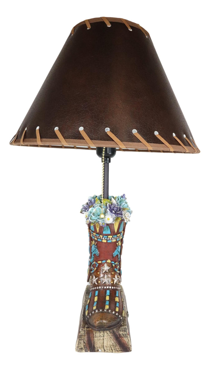 Ebros Gift Rustic Western Faux Tooled Leather Floral Succulents Cowboy Boot Table Lamp
