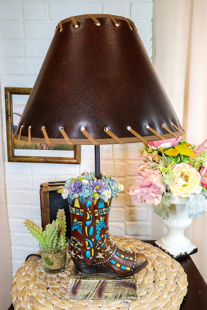 ebros gift Rustic Western Faux Tooled Leather Floral Succulents Cowboy Boot Table Lamp