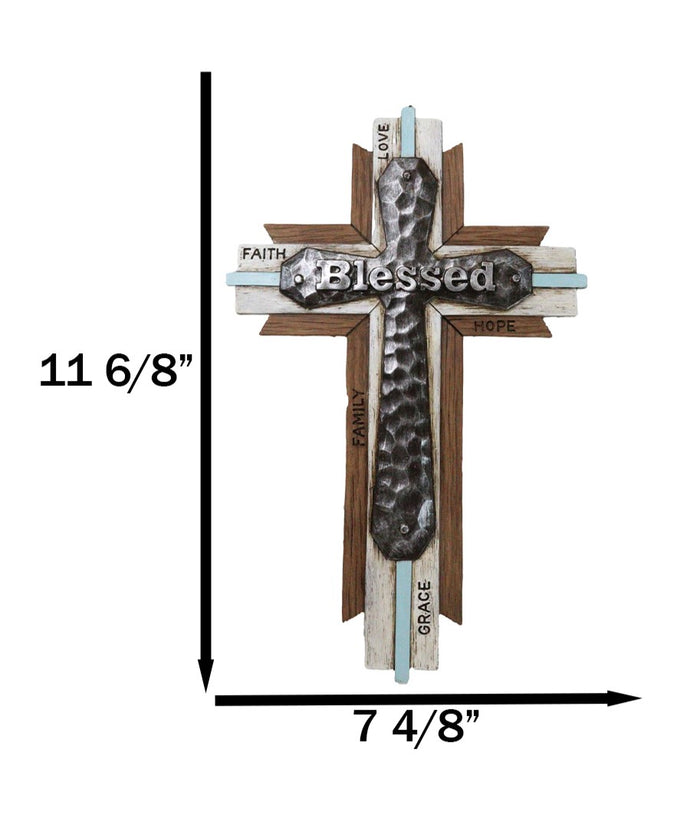 Ebros Gift Rustic Western Faux Wood Blessed Faith Love Hope Family Grace Layered Wall Cross