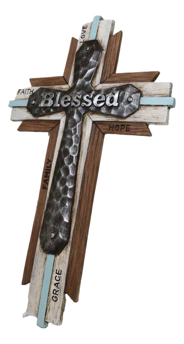 Ebros Gift Rustic Western Faux Wood Blessed Faith Love Hope Family Grace Layered Wall Cross