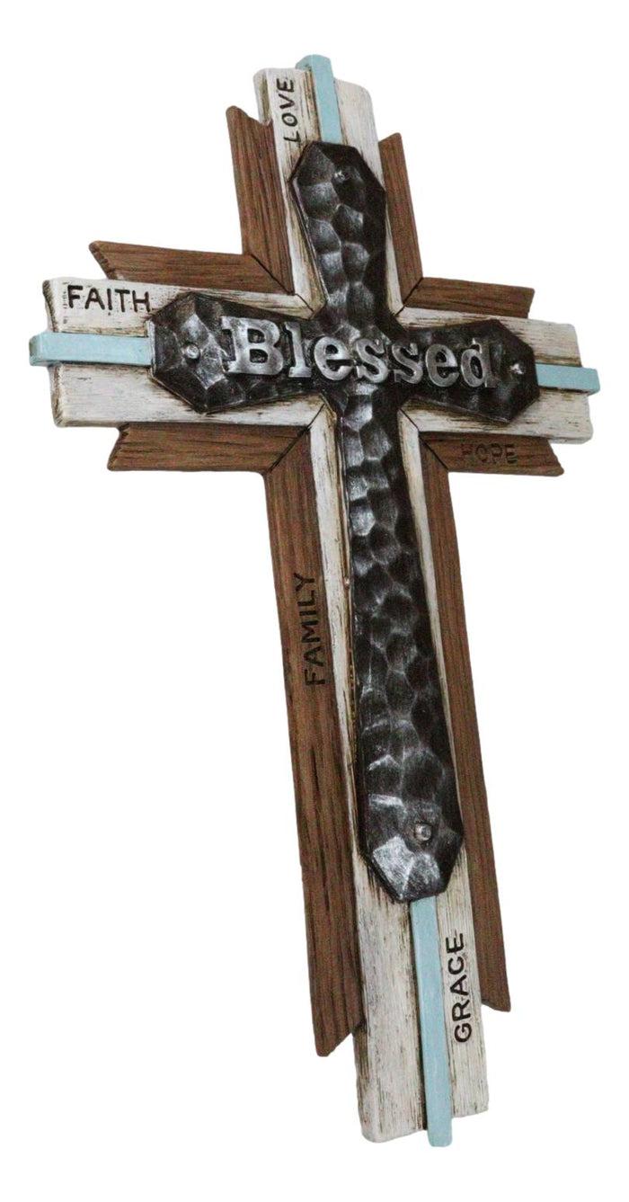 Ebros Gift Rustic Western Faux Wood Blessed Faith Love Hope Family Grace Layered Wall Cross