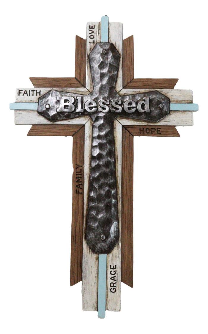 ebros gift Rustic Western Faux Wood Blessed Faith Love Hope Family Grace Layered Wall Cross