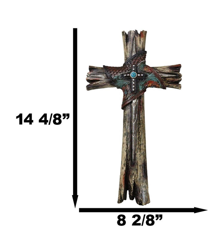 Ebros Gift Rustic Western Faux Wood Floral Tooled Leather With Turquoise Rock Wall Cross