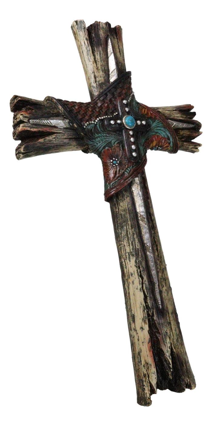Ebros Gift Rustic Western Faux Wood Floral Tooled Leather With Turquoise Rock Wall Cross