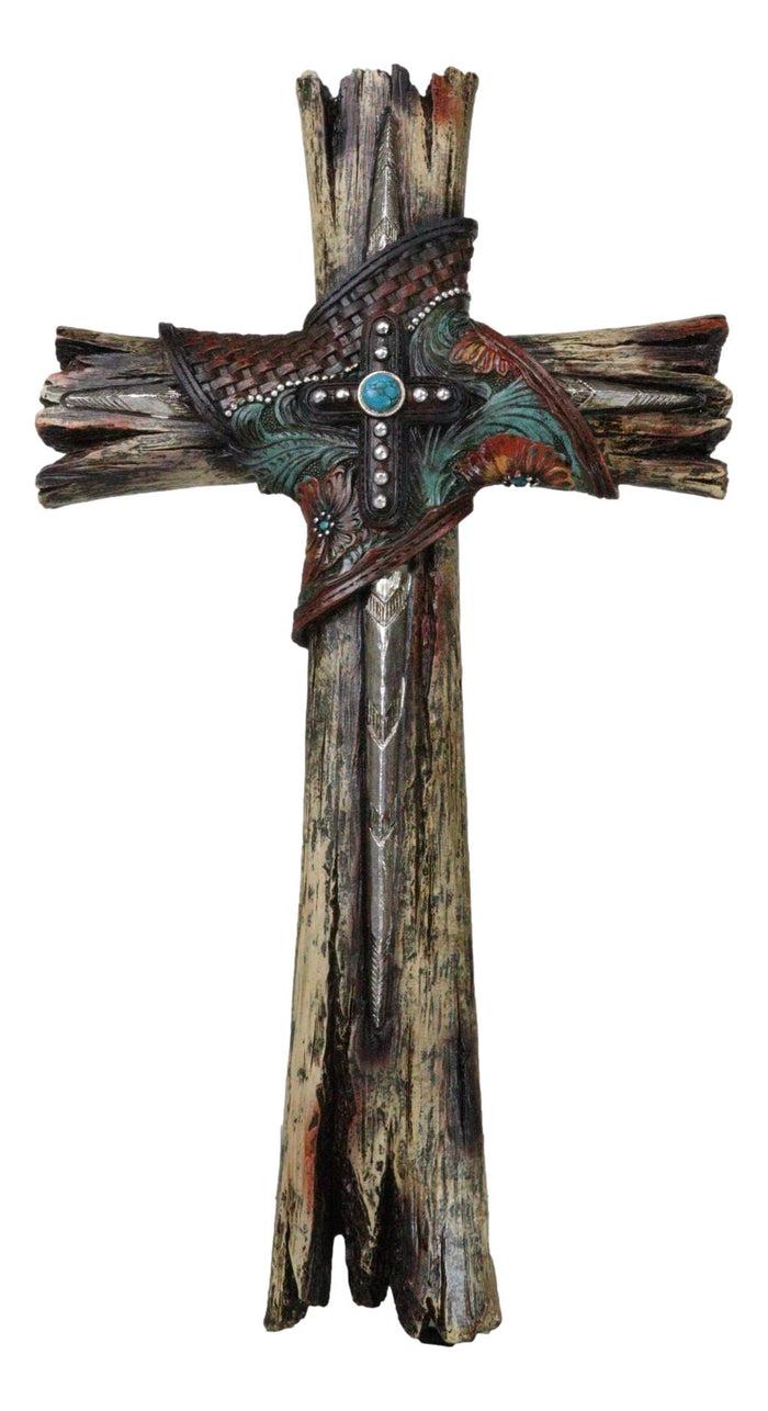 ebros gift Rustic Western Faux Wood Floral Tooled Leather With Turquoise Rock Wall Cross