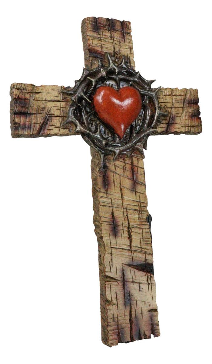 Ebros Gift Rustic Western Faux Wooden Sacred Heart With Crown Of Thorns Decor Wall Cross