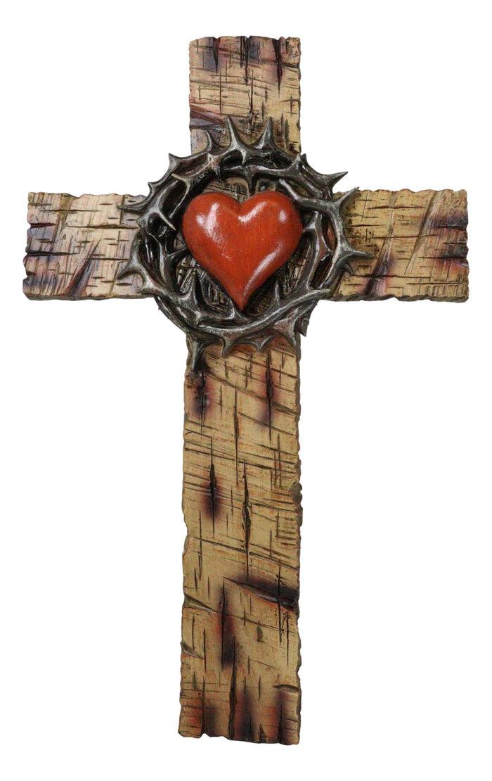ebros gift Rustic Western Faux Wooden Sacred Heart with Crown of Thorns Decor Wall Cross