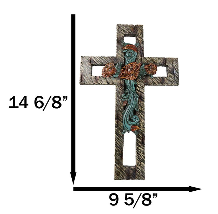 Ebros Gift Rustic Western Faux Wooden Turquoise Roses Floral Motif Layered Wall Cross Decor