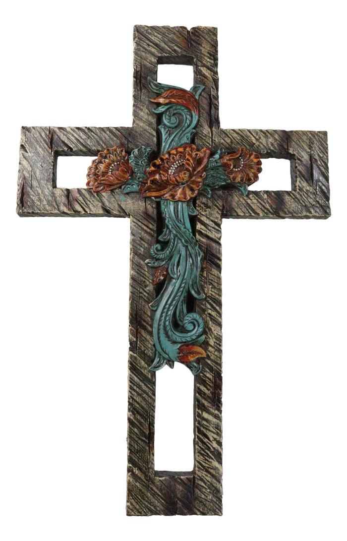 ebros gift Rustic Western Faux Wooden Turquoise Roses Floral Motif Layered Wall Cross Decor