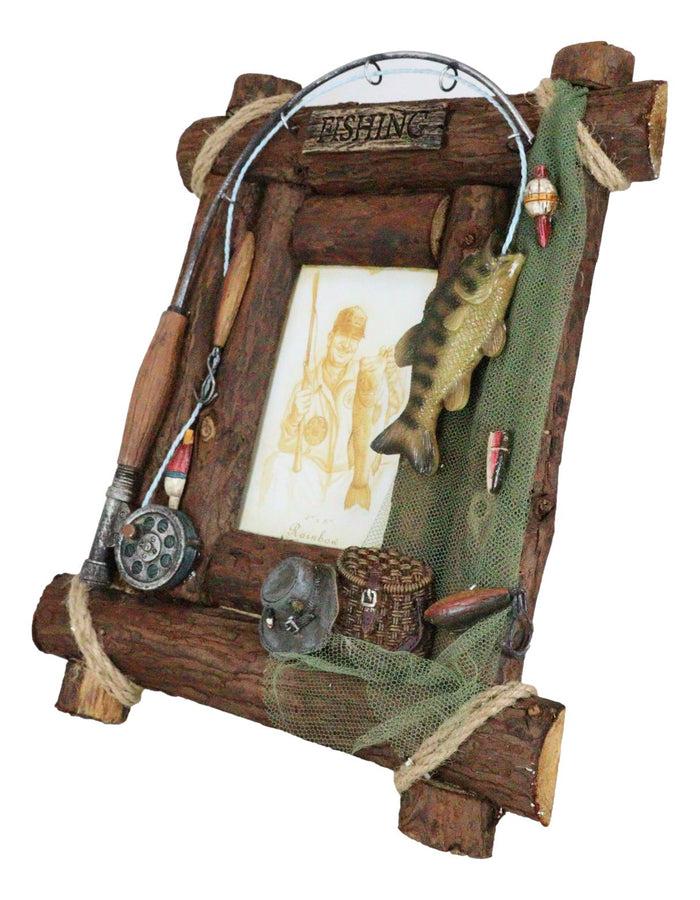 Ebros Gift Rustic Western Fishing Angler Fisherman Rod Bass Fish Net 4X6 Picture Frame