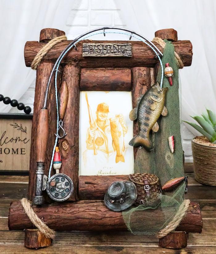 ebros gift Rustic Western Fishing Angler Fisherman Rod Bass Fish Net 4X6 Picture Frame