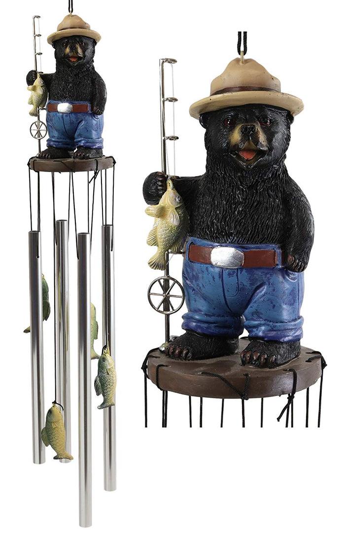 Ebros Gift Rustic Western Fishing Hillbilly Black Bear With Rod & Bass Figurine Wind Chime