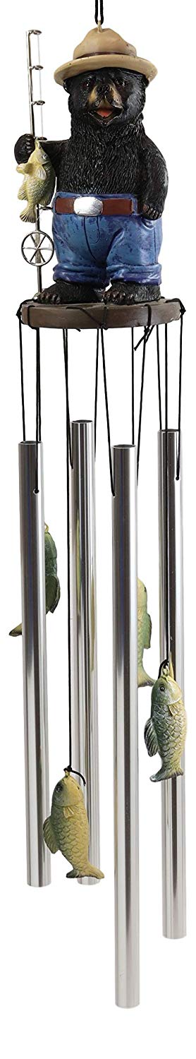 Ebros Gift Rustic Western Fishing Hillbilly Black Bear With Rod & Bass Figurine Wind Chime