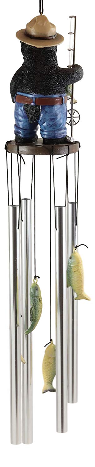 Ebros Gift Rustic Western Fishing Hillbilly Black Bear With Rod & Bass Figurine Wind Chime