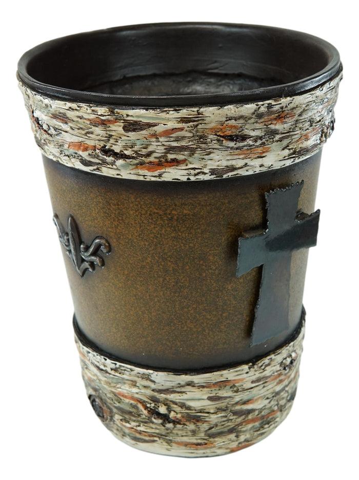 Ebros Gift Rustic Western Fleur De Lis Cross With Birchwood Accent Waste Basket Trash Bin