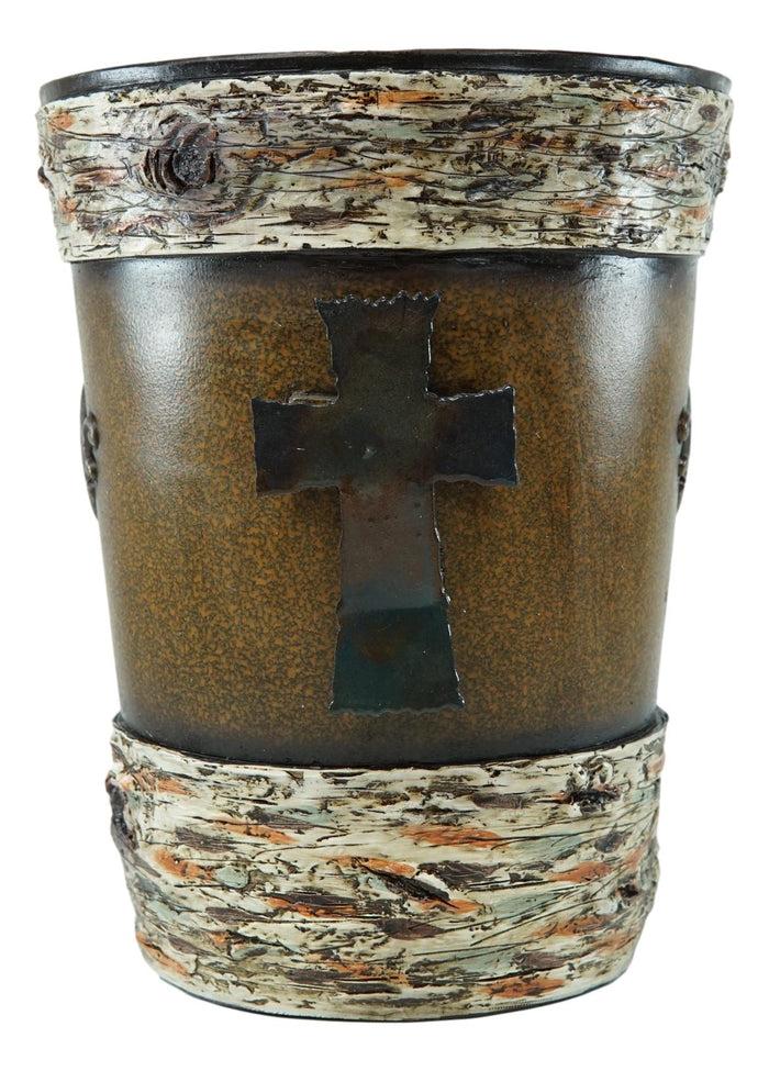 Ebros Gift Rustic Western Fleur De Lis Cross With Birchwood Accent Waste Basket Trash Bin