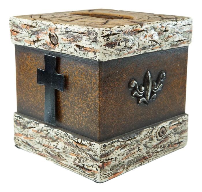 Ebros Gift Rustic Western Fleur De Lis Cross With Birchwood Accent Tissue Box Holder Case